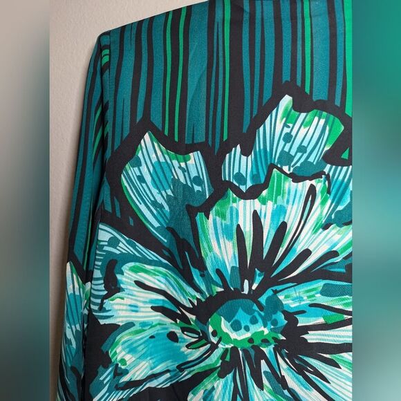 Bob Mackie Wearable Art Teal Blue Green Silk Floral Striped Button-Up Blouse XS - Picture 6 of 7